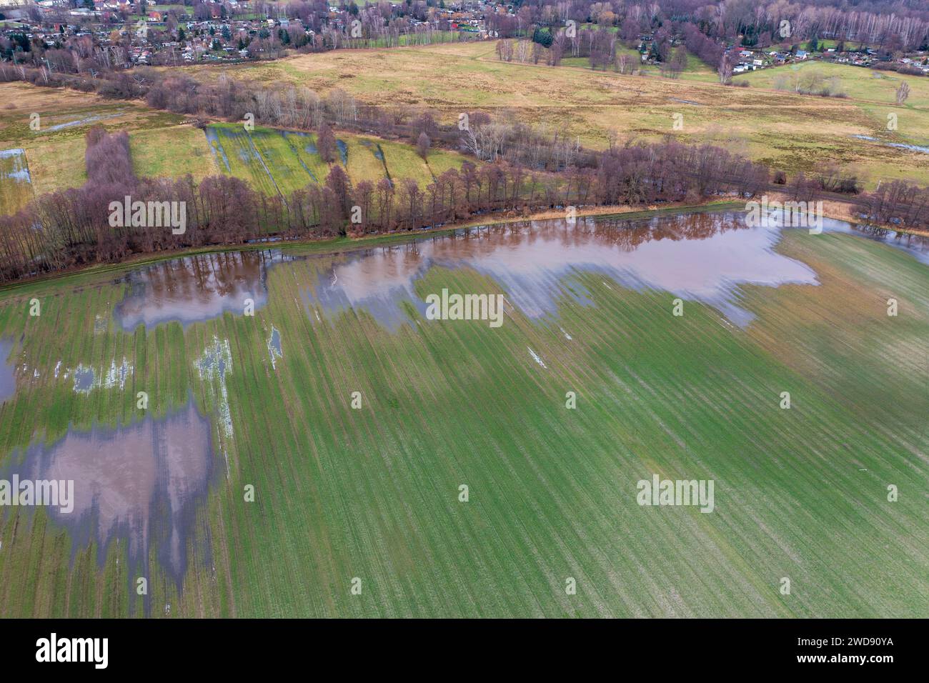 Chaque année en automne et en hiver, prairies et champs sont sous l'eau Banque D'Images