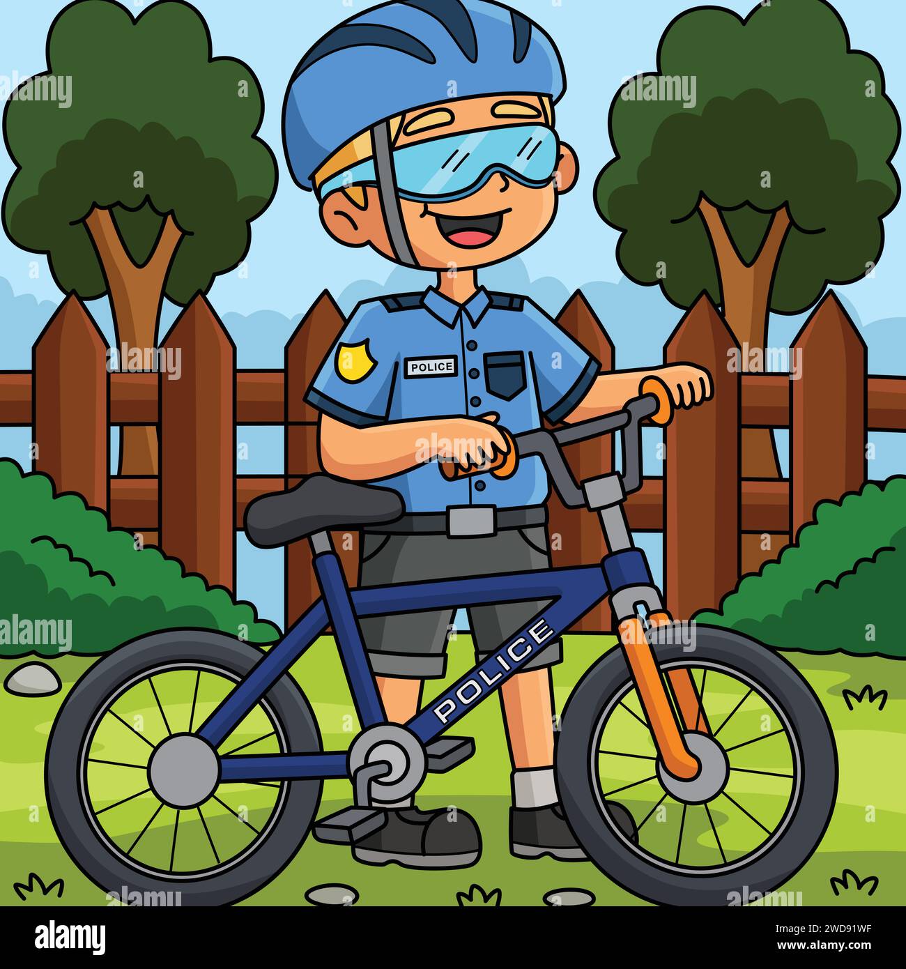 Officier de police avec un Cartoon coloré de vélo Illustration de Vecteur