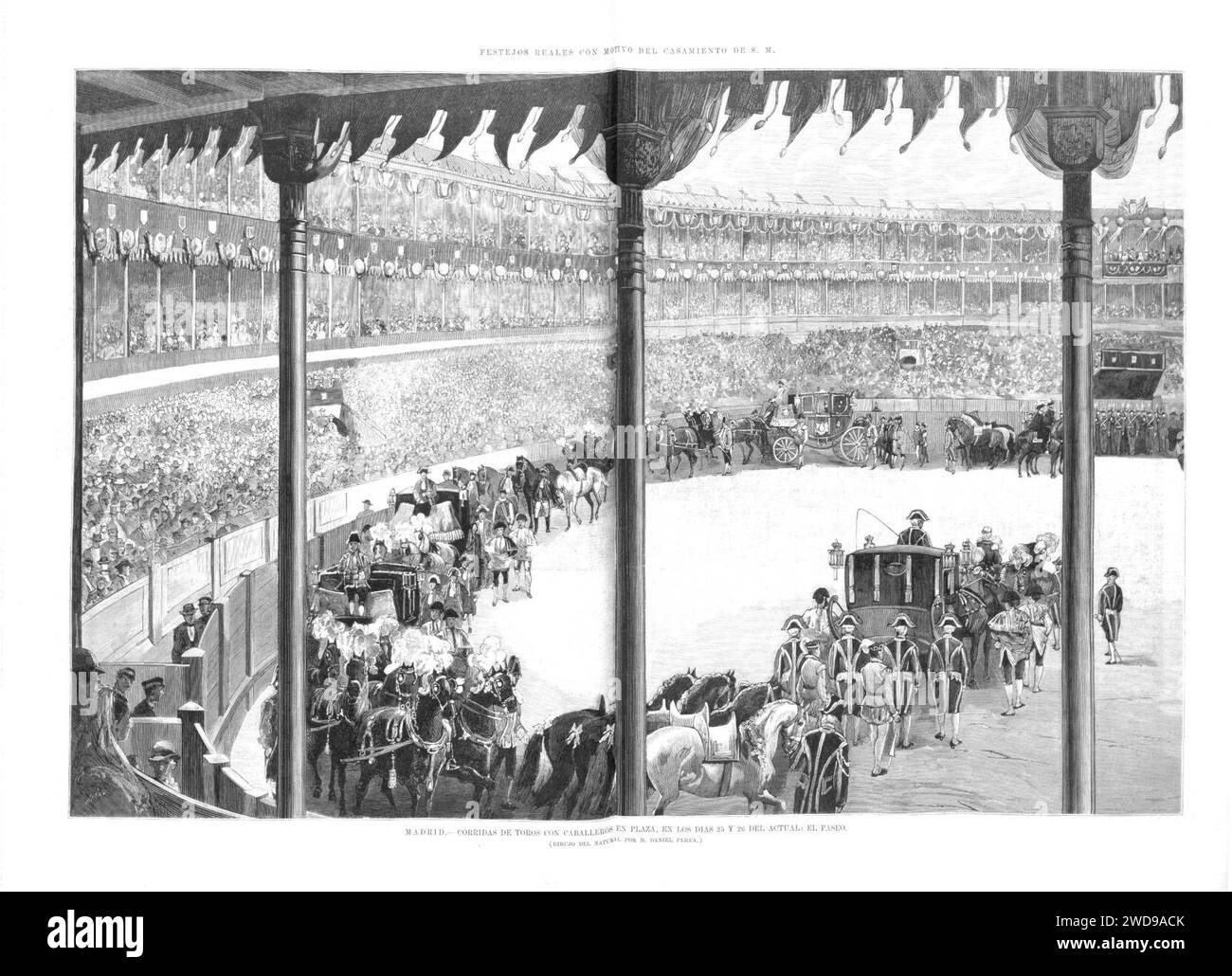 1878-01-30, la Ilustración Española y Americana, Madrid, corridas de toros con caballeros en plaza, en los días 25 y 26 del Actual, el paseo, Daniel Perea. Banque D'Images