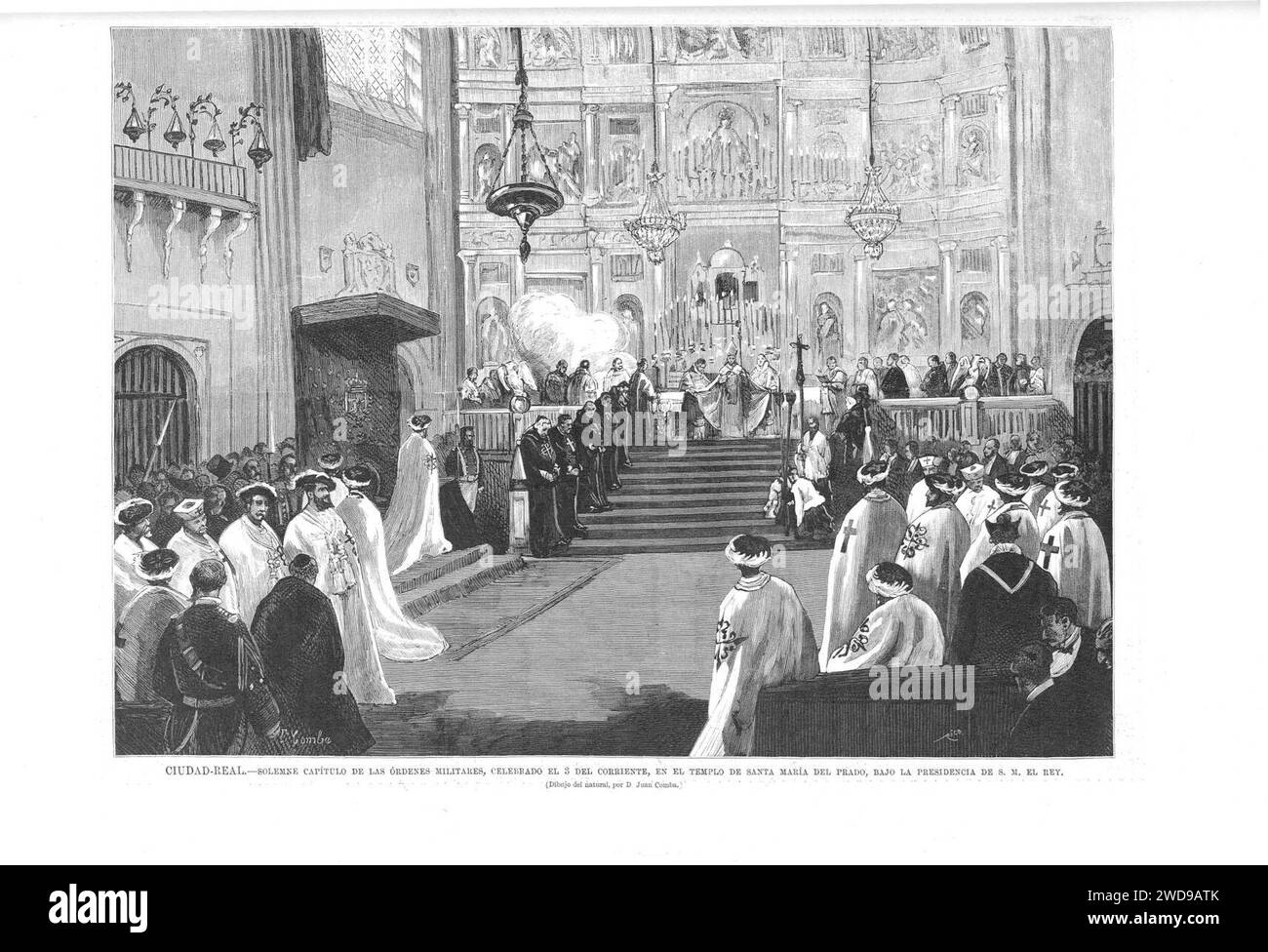 1879-02-28, la Ilustración Española y Americana, Ciudad-Real, Solemne Capítulo de las Órdenes Militares, celebrado el 3 del corriente, en el templo de Santa María del Prado, bajo la presidencia del rey, Comba. Banque D'Images