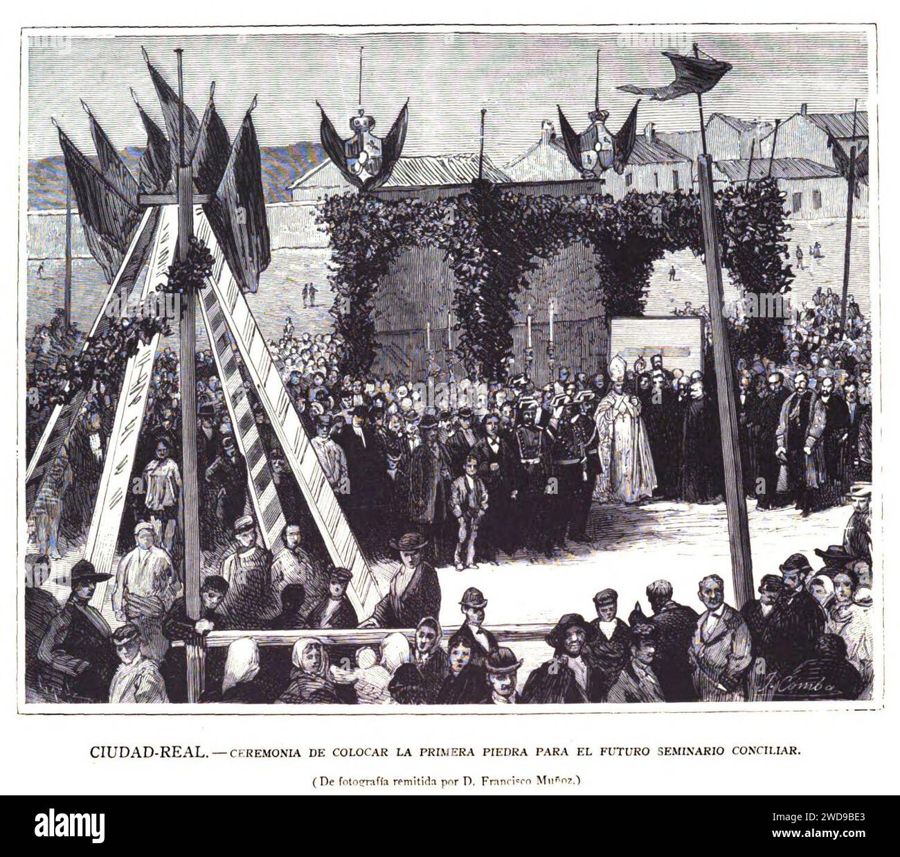 1882-04-08, la Ilustración Española y Americana, Ciudad-Real, Ceremonia de colocar la primera piedra para el futuro seminario conciliar. Banque D'Images