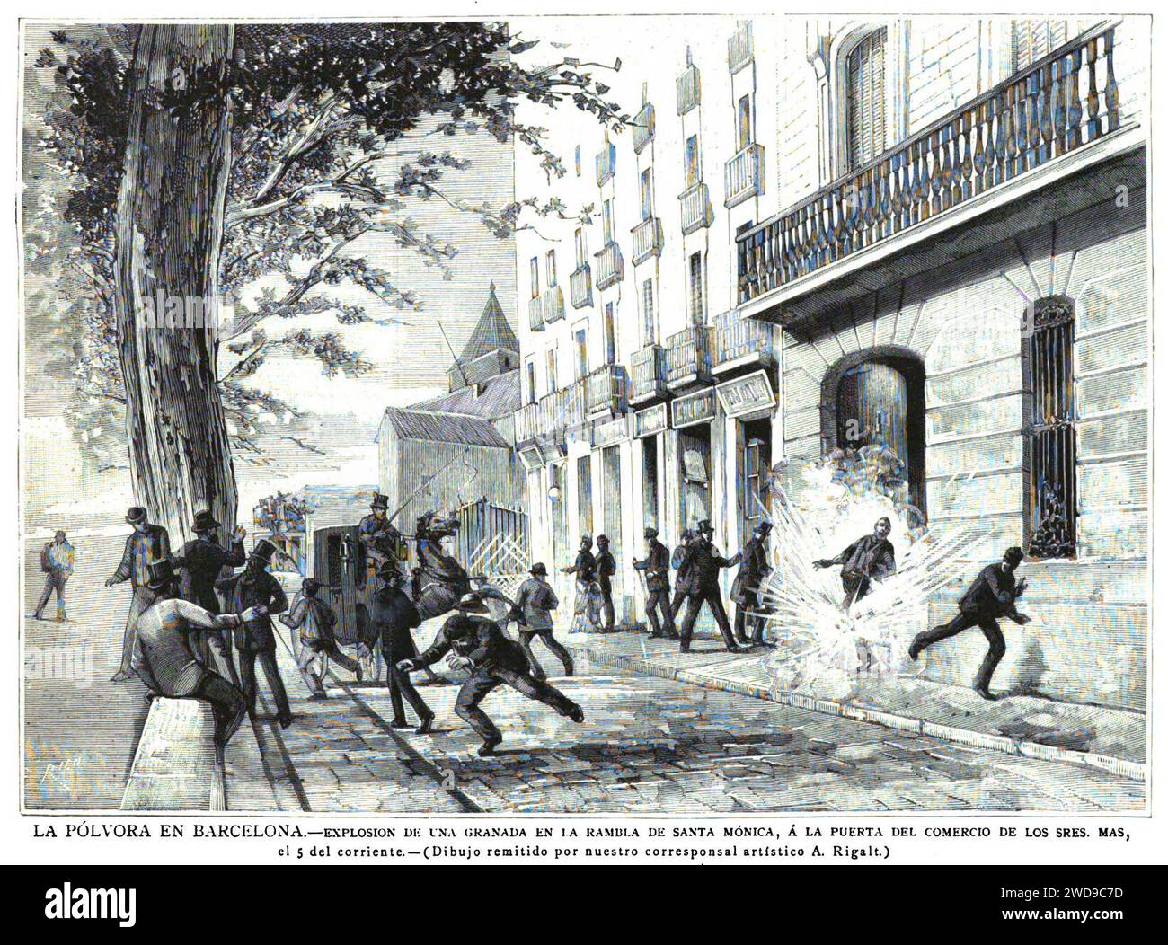 1884-06-15, la Ilustración Española y Americana, la pólvora en Barcelona. Explosión de una granada en la Rambla de Santa Mónica. Banque D'Images