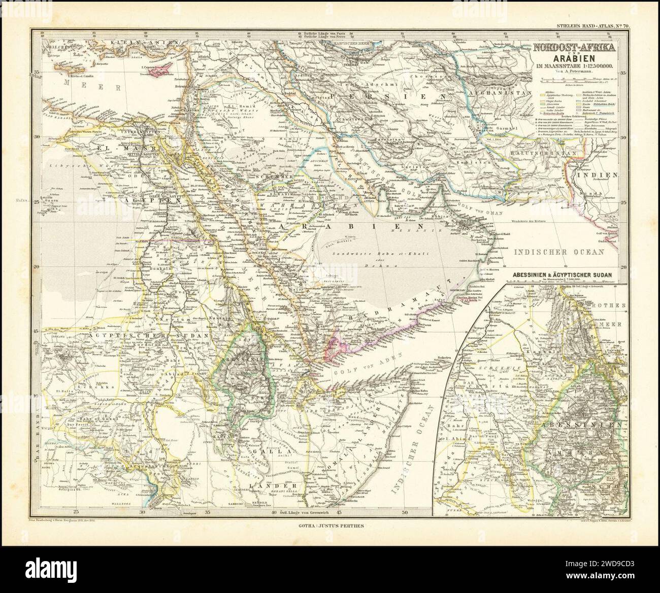 Carte de 1885 de la péninsule arabique et de l'Afrique du Nord-est par Adolf Stieler. Banque D'Images