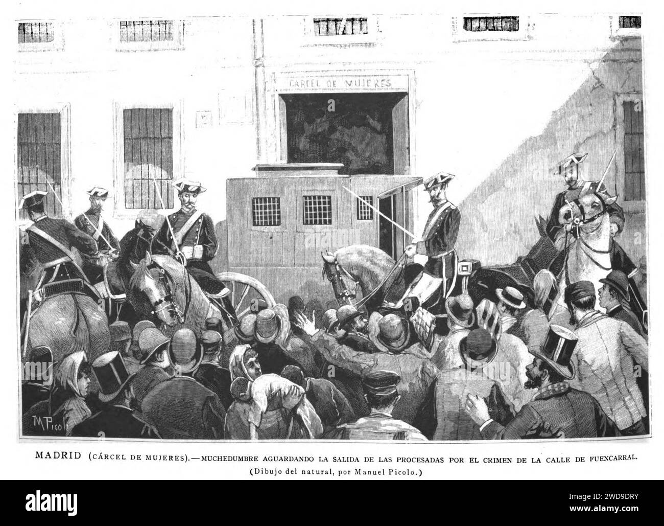 1889-04-08, la Ilustración Española y Americana, Madrid (cárcel de mujeres).—Muchedumbre aguardando la salida de las procesadas por el crimen de la calle de Fuencarral. Banque D'Images
