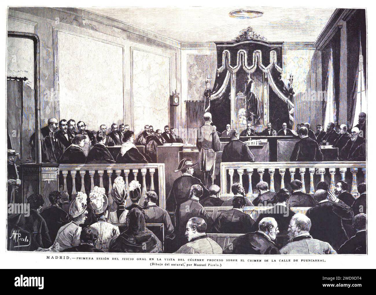 1889-03-30, la Ilustración Española y Americana, Madrid.—Primera sesión del juicio oral en la vista del célebre proceso sobre el crimen de la calle de Fuencarral. Banque D'Images