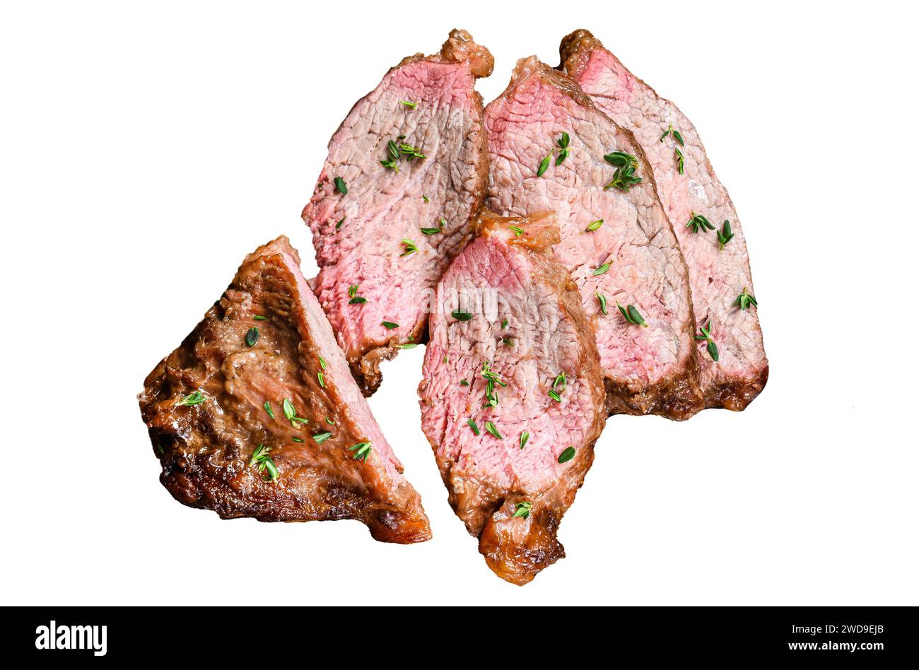 Tranches rares de rôti de bœuf d'aloyau à trois pointes steak bbq isolé sur fond blanc, vue de dessus Banque D'Images