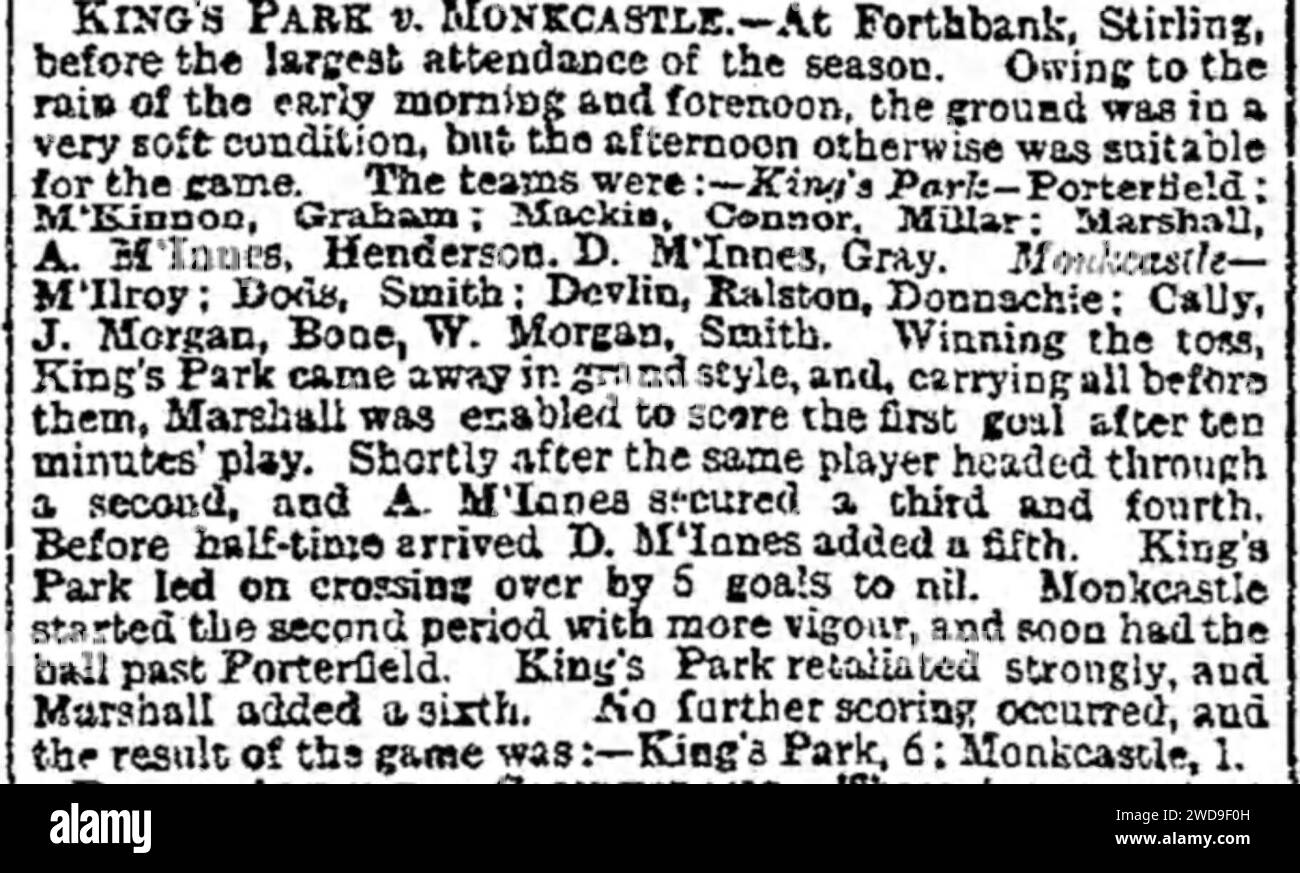 1892–93 Scottish Cup First Round, King's Park 6–1 Monkcastle, Glasgow Herald 28 novembre 1892. Banque D'Images