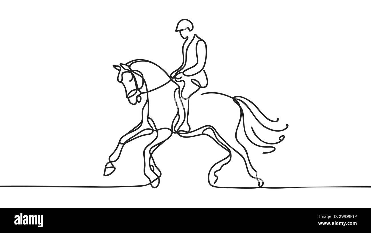 Un dessin au trait continu d'un jeune homme cavalier en action. Entraînement de course équine sur piste de course. Concept de compétition de sport équestre. Sin dynamique Illustration de Vecteur