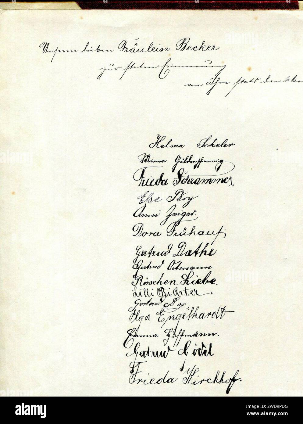1906 circa Wilhelm-Busch-Album Seite 0000d mit den Unterschriften der Schülerinnen von Erna Becker-Ernst. Banque D'Images