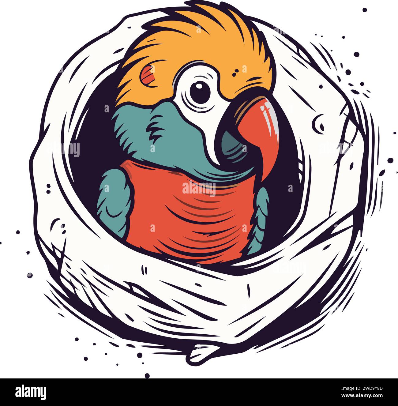 Mignon perroquet dans le nid. Illustration vectorielle dessinée à la main. Illustration de Vecteur