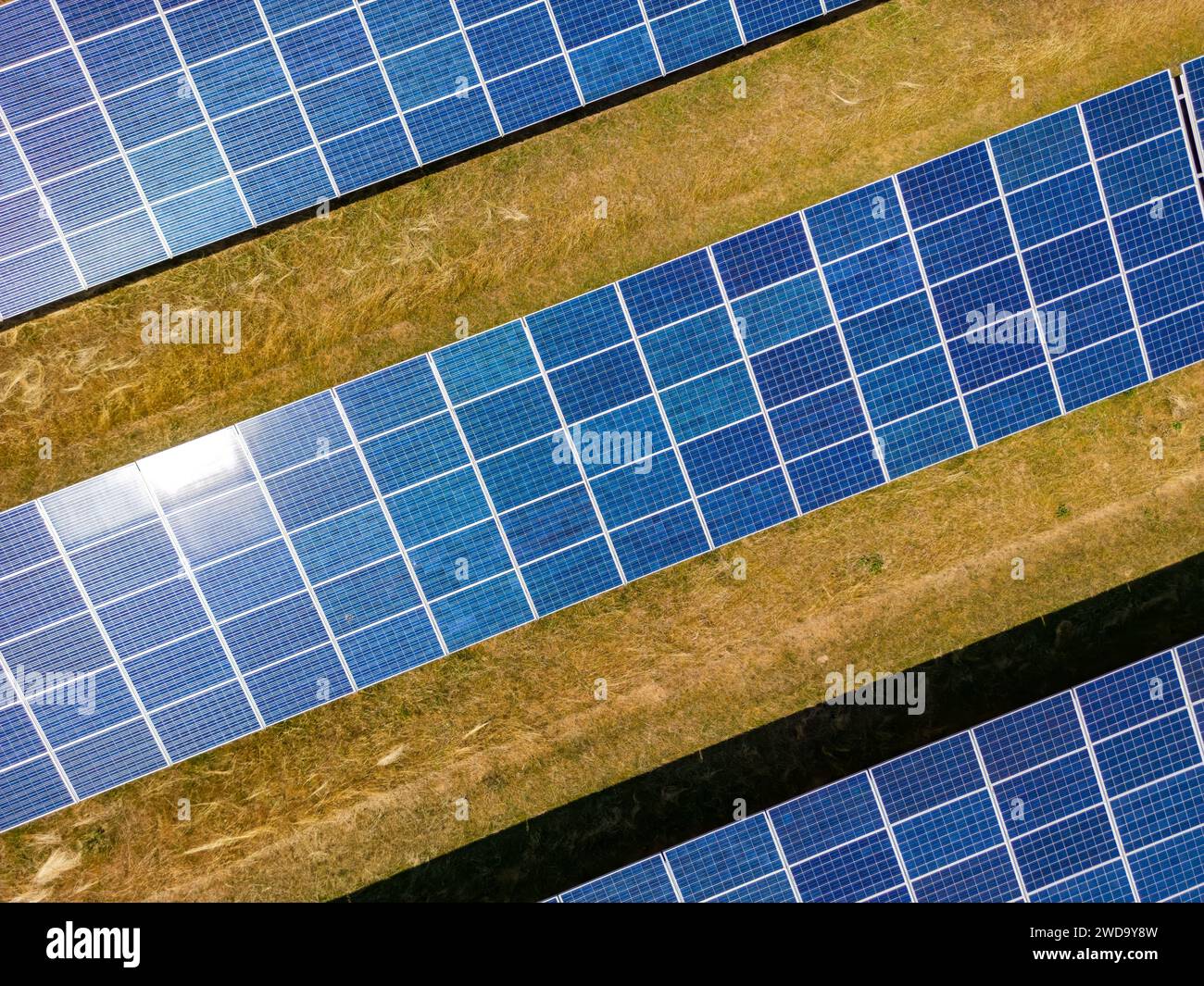 Une centrale solaire vue d’en haut avec de nombreuses cellules solaires bleues pour une production d’énergie respectueuse de l’environnement en Allemagne Banque D'Images