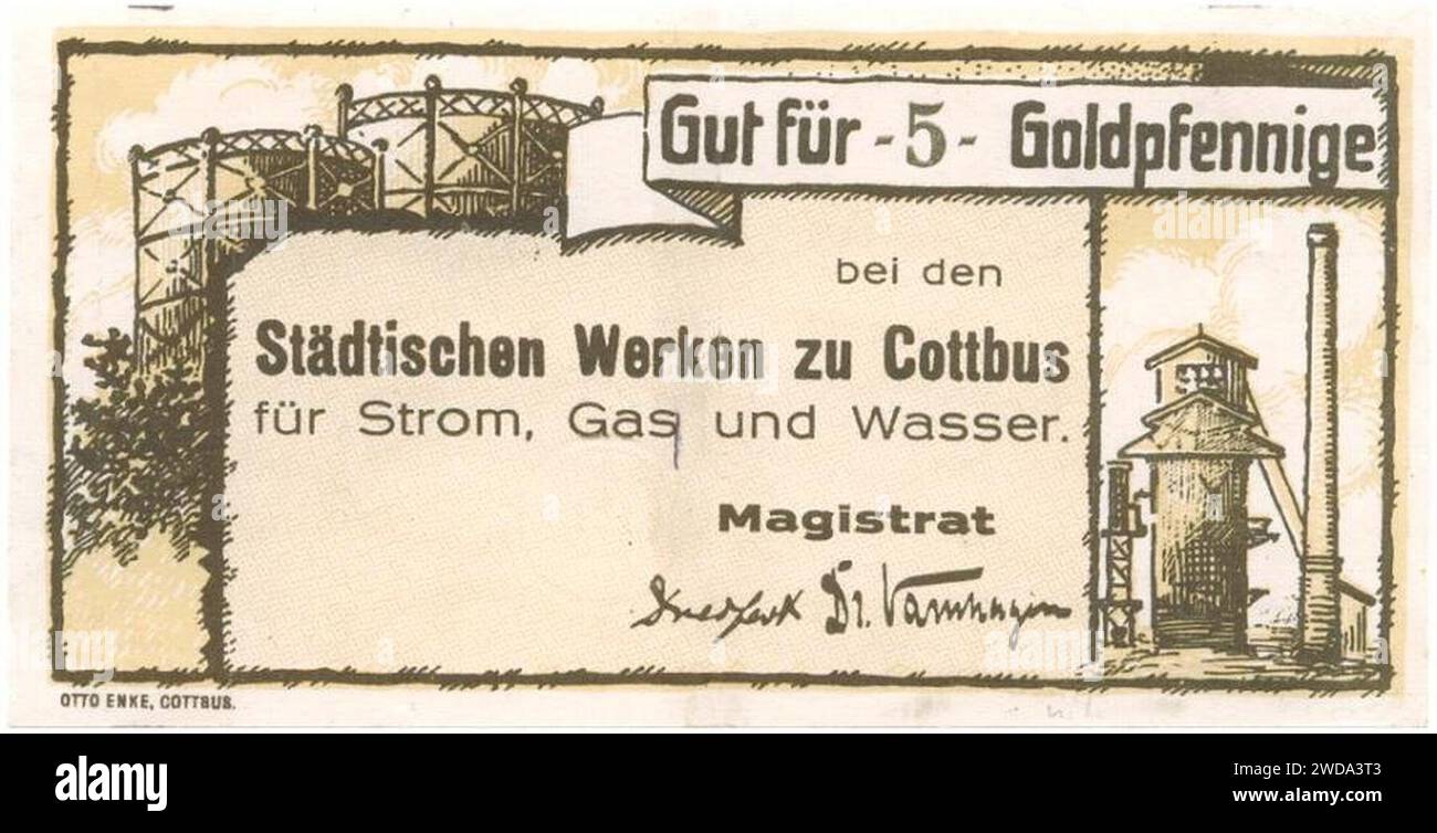 1923 circa Notgeld-Schein Gut für 5 Goldpfennige Städtische Werke zu Cottbus, faksimilierte Unterschrift Magistrat der Stadt. Banque D'Images