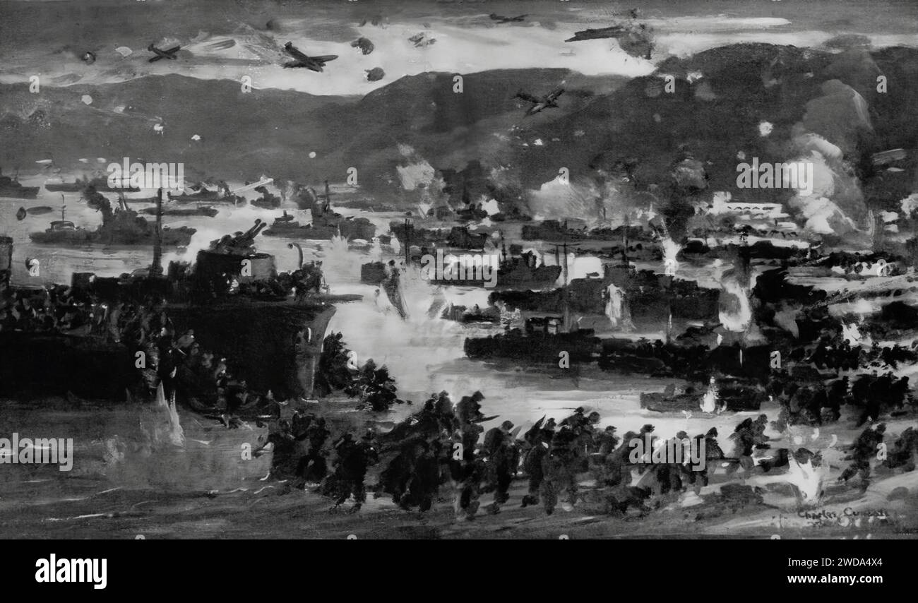 Un dessin de Charles Cundall des débarquements sur la plage de Salerno, à environ 30 miles au sud de Naples, le 9 septembre 1943 pendant la Seconde Guerre mondiale. Bien que la 5e armée ait le soutien des navires de guerre américains et britanniques au large, la résistance rencontrée par la Wermacht. Banque D'Images