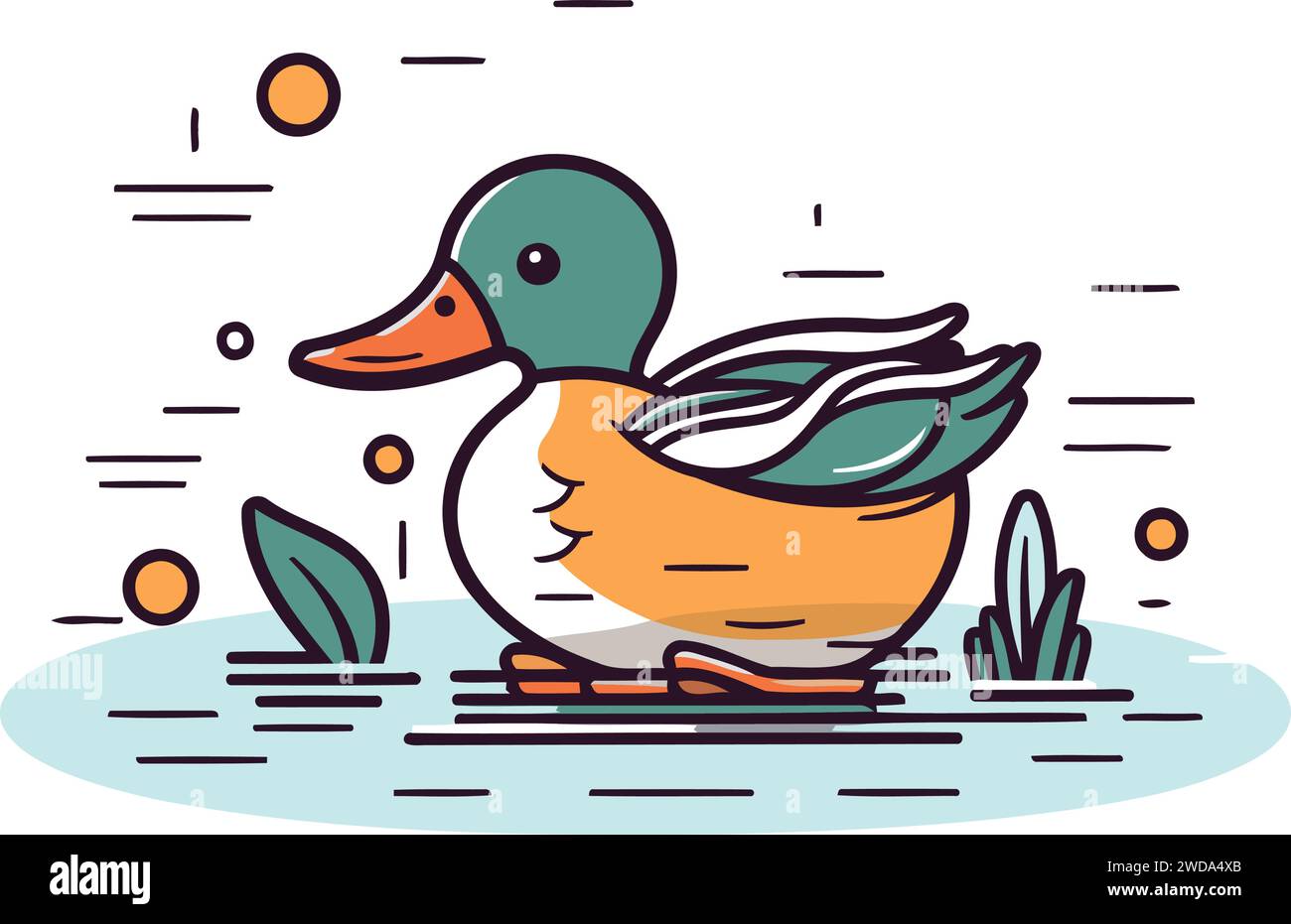 Illustration vectorielle d'un canard mignon nageant dans le lac. Style linéaire. Illustration de Vecteur