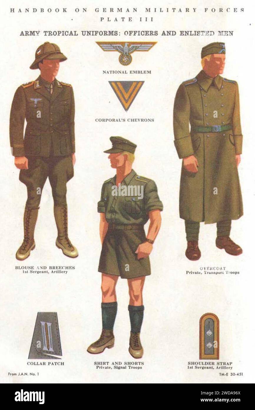 1943 Manuel sur les forces militaires allemandes page 068 TM-E 30-451 Army (Wehrmacht) uniformes tropicaux officiers et soldats Banque D'Images