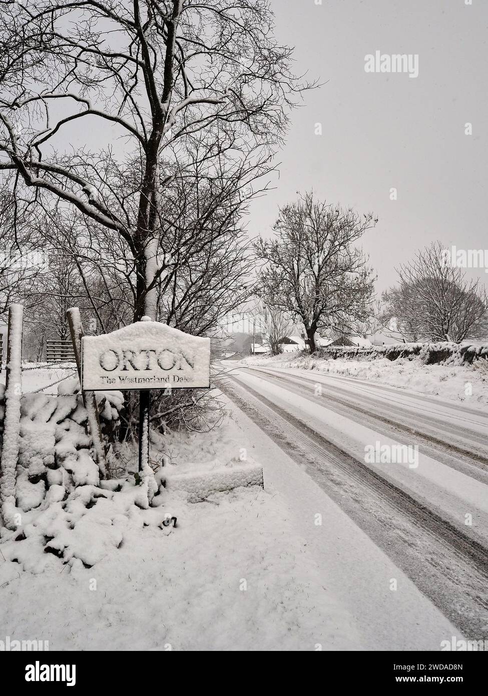 Neige tombant dans une scène hivernale dans le nord de l'Angleterre montrant un panneau de nom de village avec une route adjacente et des arbres de fond sous une couverture de neige. Banque D'Images