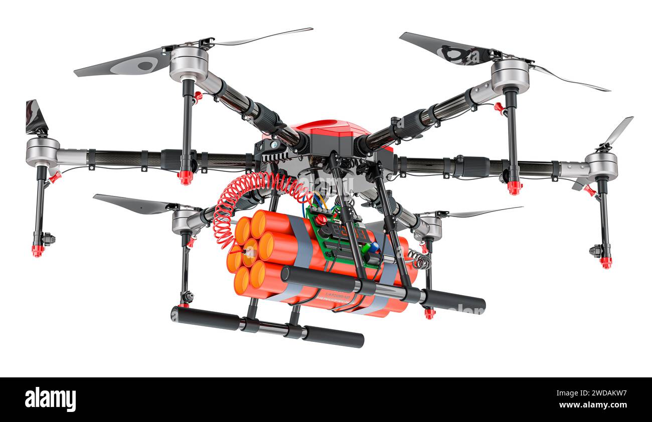 Drone militaire avec explosif de bombe TNT, rendu 3D isolé sur fond blanc Banque D'Images