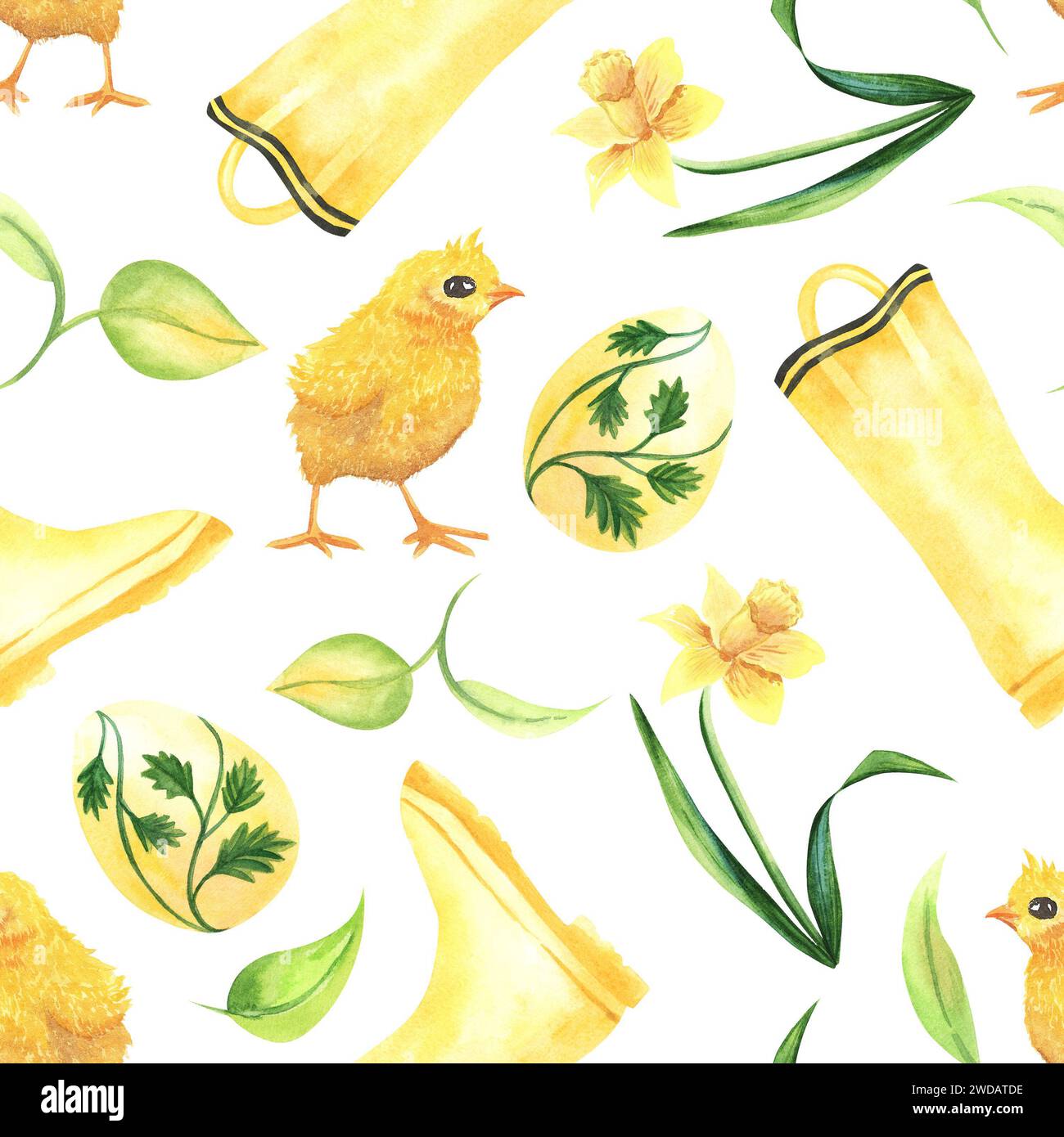 Aquarelle modèle sans couture avec des poulets jaunes mignons et , oeufs, feuilles, bottes en caoutchouc, fleurs de narcisses. Fond de Pâques avec des oiseaux de ferme. Ressort d Banque D'Images