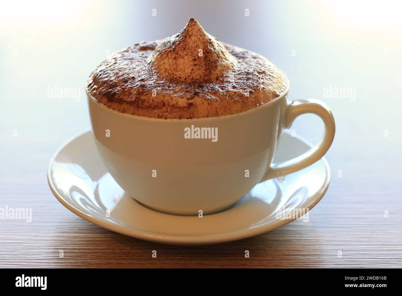 Une tasse à cappuccino avec de la crème mousseuse sur le dessus et de la poudre de cacao. Banque D'Images