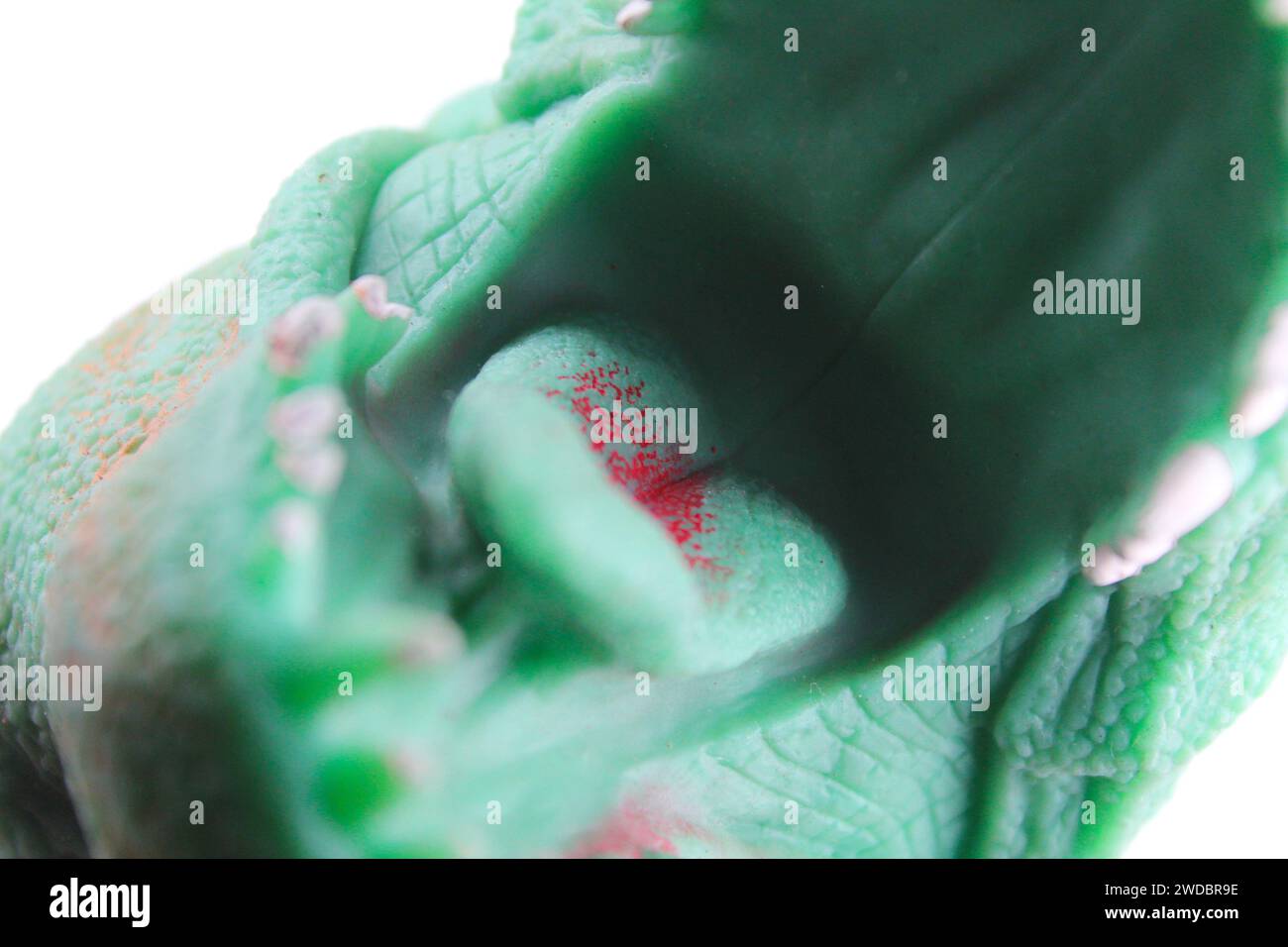 Une photo en gros plan d'une tête de dinosaure vert. Banque D'Images