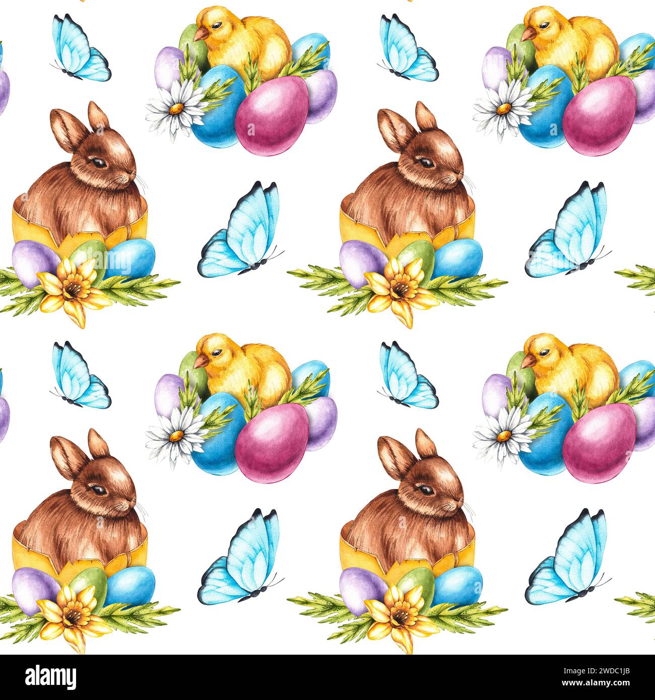 Aquarelle motif de Pâques avec lapins de Pâques et œufs. Aquarelle motif sans couture d'éléments dessinés à la main pour la conception de tissus, de papiers peints, d'autocollants Banque D'Images