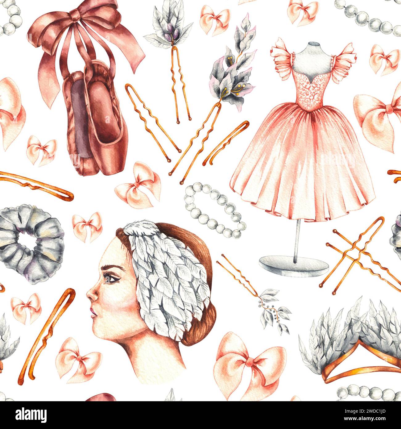 Motif de ballet sans couture aquarelle avec ballerine, accessoires sur fond blanc. Modèle de danse avec des éléments dessinés à la main pour des tissus de conception, des cartes Banque D'Images Motif de ballet sans couture aquarelle avec ballerine, accessoires sur fond blanc. Modèle de danse avec des éléments dessinés à la main pour des tissus de conception, des cartes Banque D'Images
