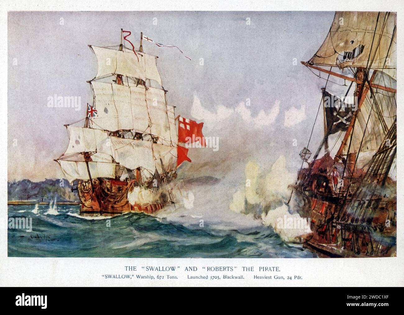 Charles Edward Dixon HMS Swallow 1703 Black Bart bataille du cap Lopez Royal Fortune Bartholomew Roberts. Banque D'Images
