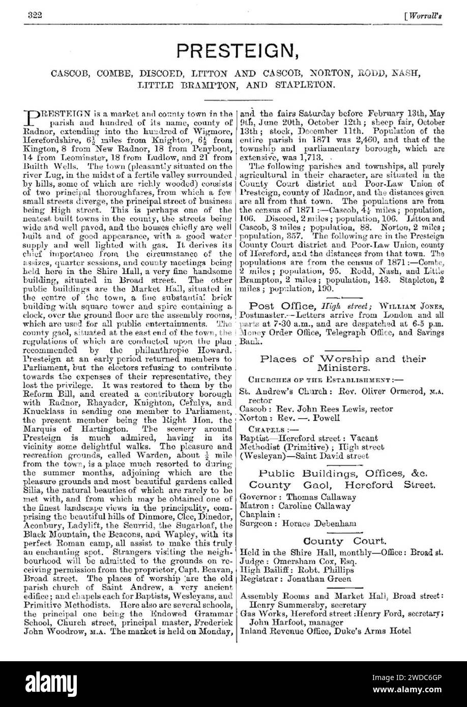 Rodd, Nash et Little Brampton dans Worralll's Directory of South Wales, 1875 p322. Banque D'Images