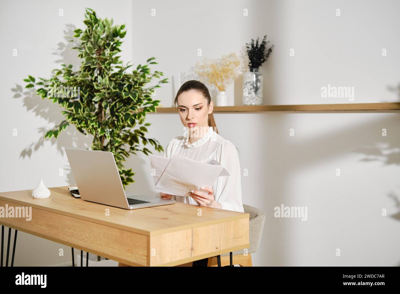 Femme vérifiant la déclaration d'impôt assis dans le bureau lumineux à un bureau avec ordinateur portable Banque D'Images