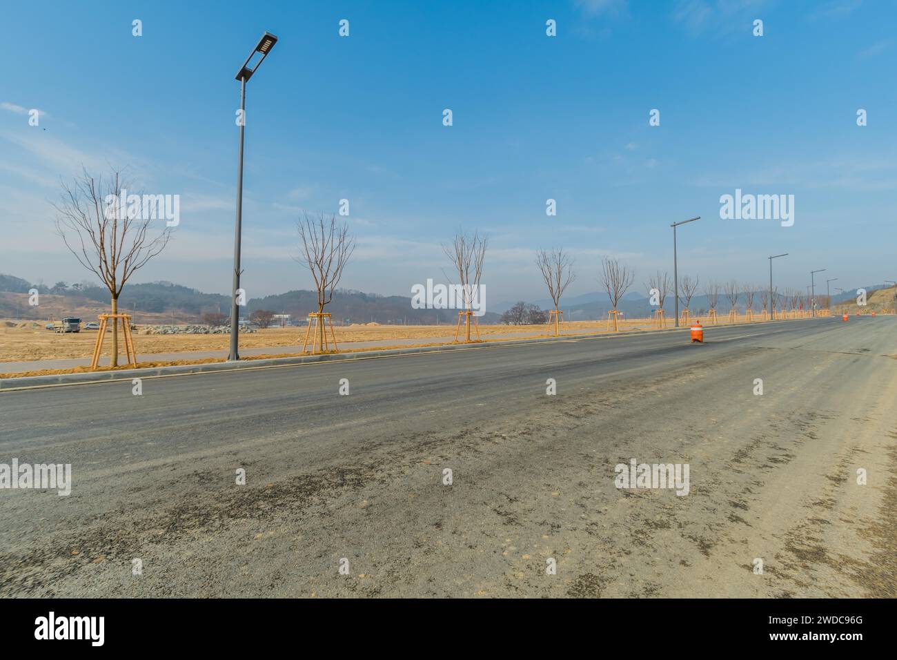 Route pavée à travers le site de construction avec des arbres nouvellement plantés et de nouveaux lampadaires, Corée du Sud, Corée du Sud Banque D'Images