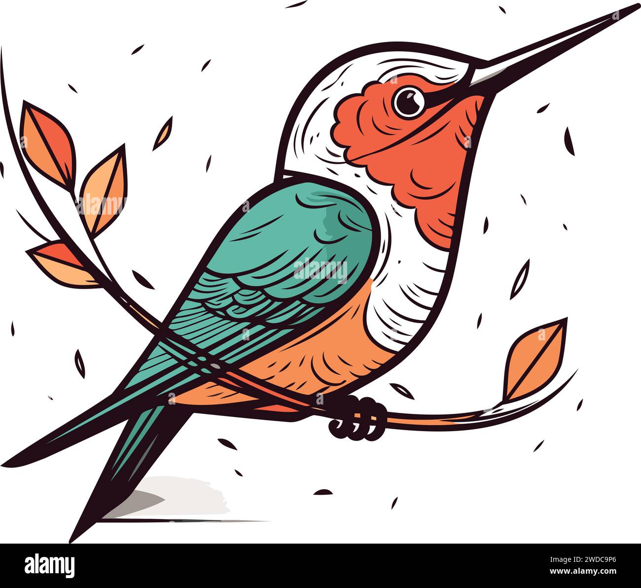 Colibri assis sur une branche avec des feuilles. Illustration vectorielle. Illustration de Vecteur