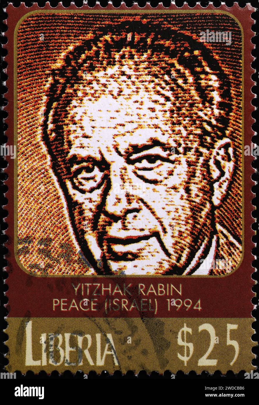 Prix Nobel de la paix Yitzhak Rabin sur timbre du Liberia Banque D'Images
