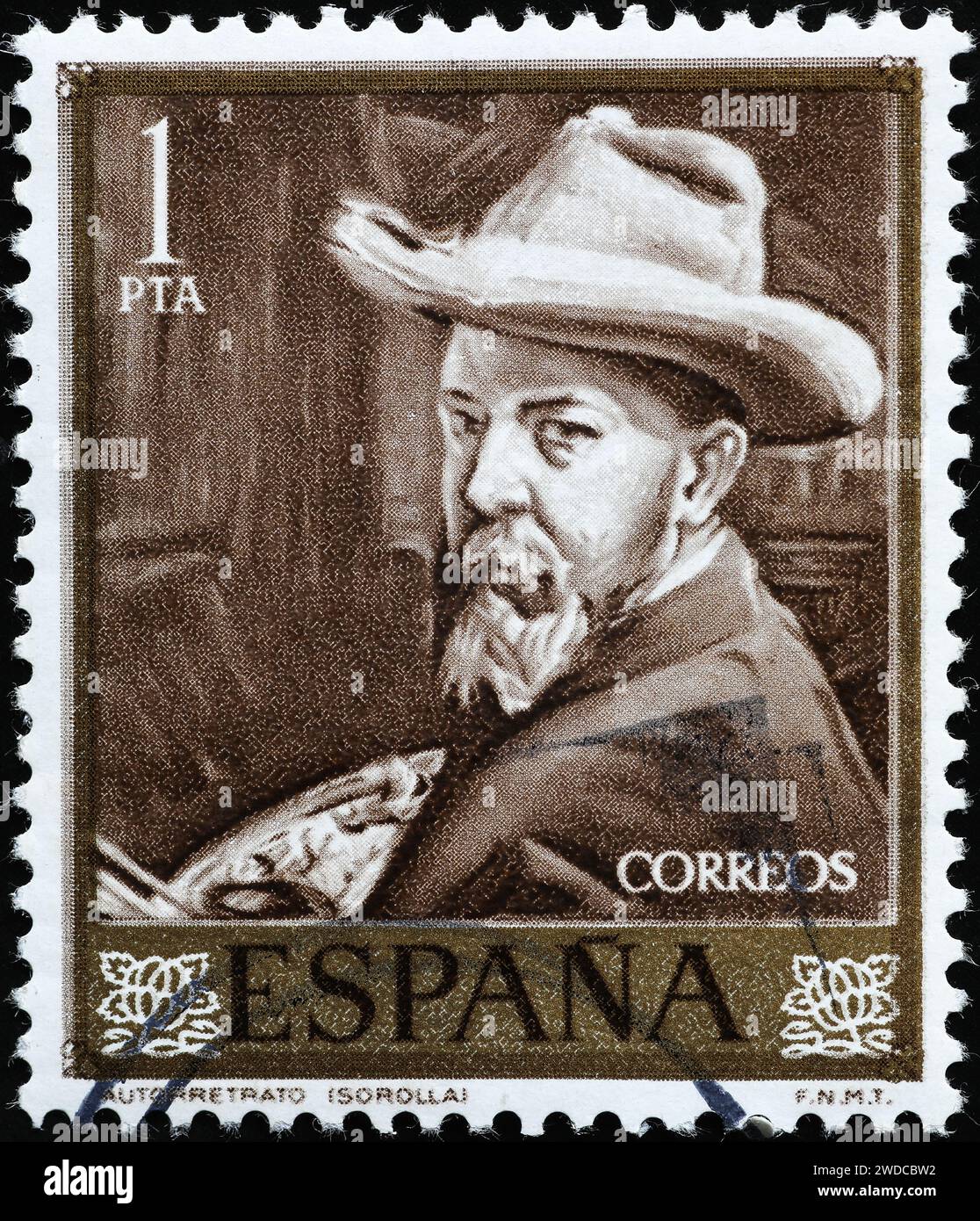 Autoportrait par Joaquim Sorolla sur timbre espagnol vintage Banque D'Images