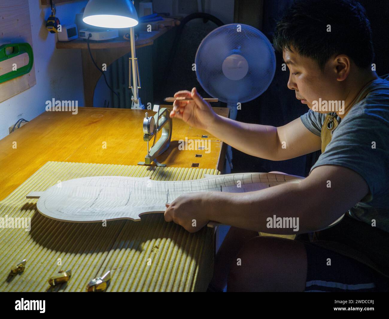 Maître luthier fabricant d'instruments à cordes procède au travail de graduation en cours de plaque arrière violoncelle, en utilisant des plans, calibre de jauge d'épaisseur Banque D'Images