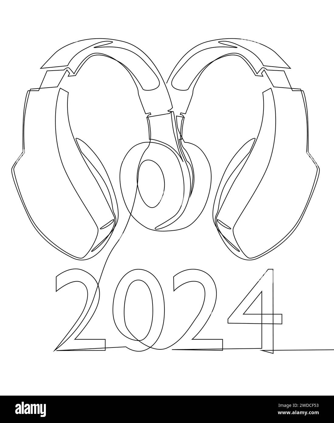 Une ligne continue de micro-casque et le numéro 2024. Concept de vecteur d'illustration de ligne mince. Dessin de contour idées créatives. Illustration de Vecteur