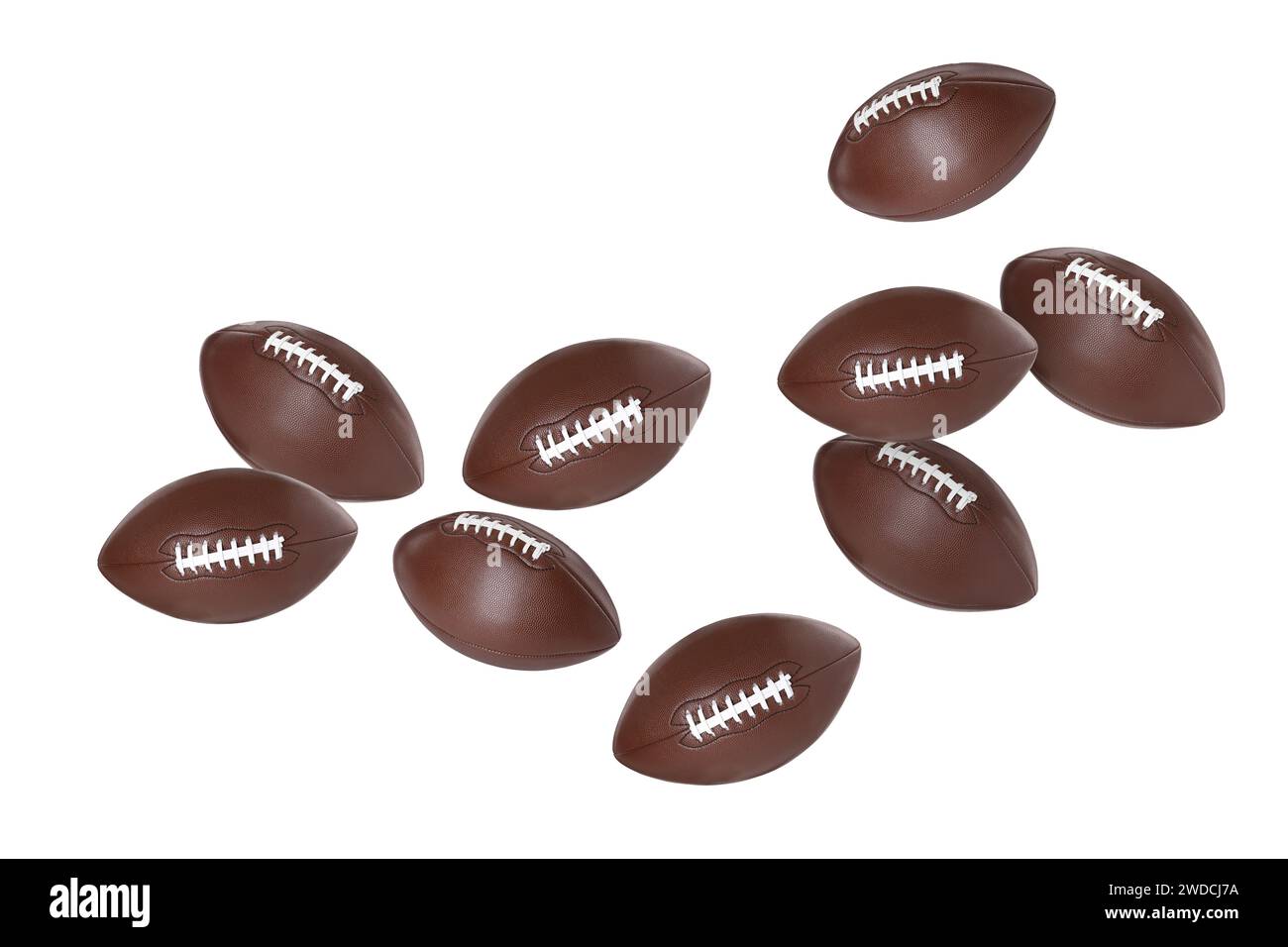 Beaucoup de balles de football américain volant sur fond blanc Banque D'Images
