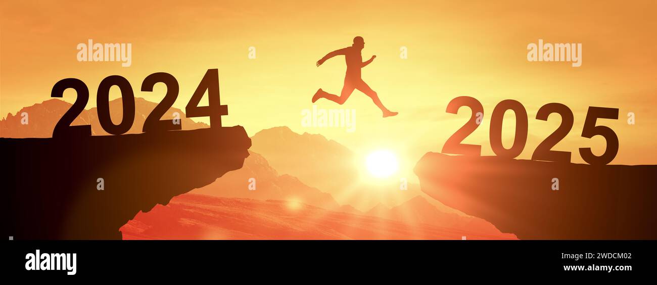 silhouette homme sauter entre 2024 et 2025 ans. Succès leadership d