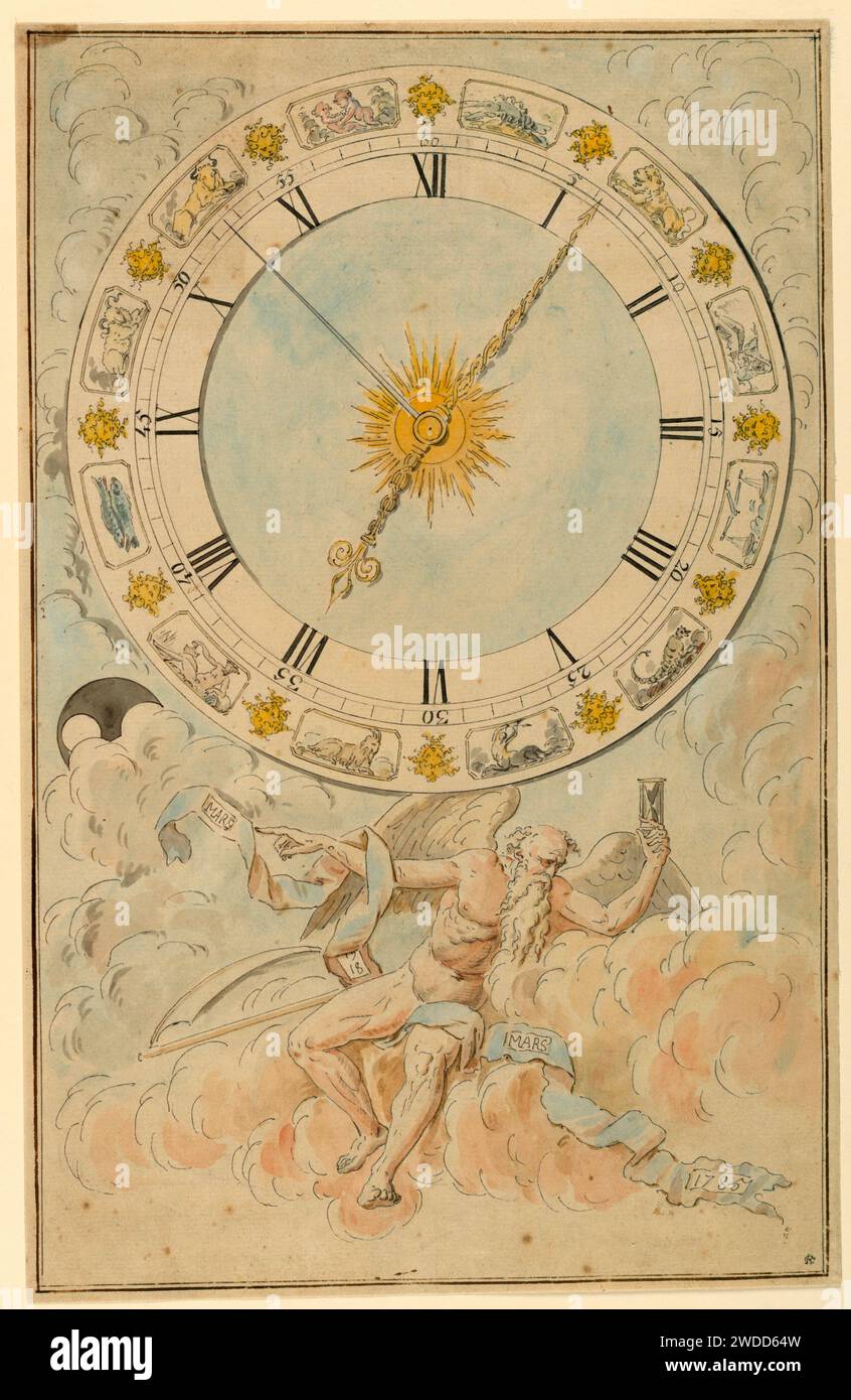 Dessin d'un cadran d'horloge avec les signes du zodiaque et Chronos, français, ca. 1785 Banque D'Images