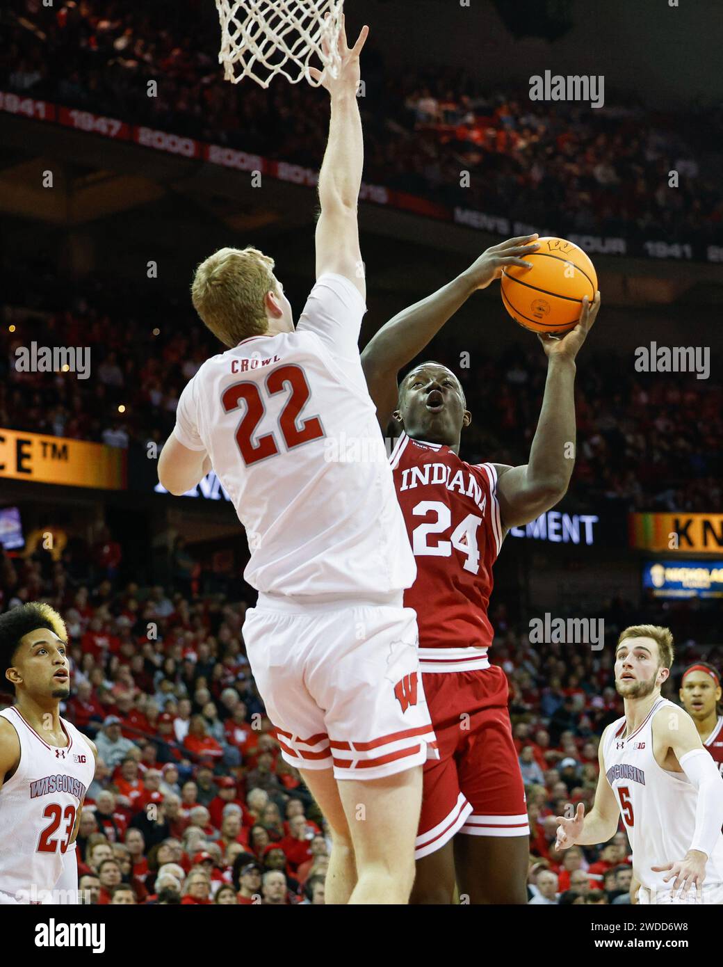 Madison, WISCONSIN, États-Unis. 19 janvier 2024. L'attaquant des Indiana Hoosiers Payton Sparks (24) a battu l'attaquant des Wisconsin Badgers Steven Crowl (22) lors du match de basketball de la NCAA entre les Indiana Hoosiers et les Wisconsin Badgers au Kohl Center de Madison, WI. Darren Lee/CSM/Alamy Live News Banque D'Images