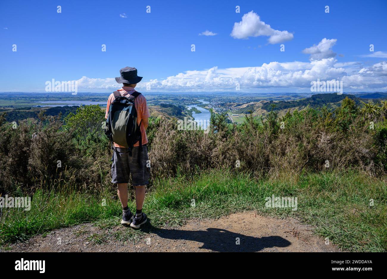 Randonnée Hakarimata Summit Track. Homme profitant de la vue sur Huntly et Waikato River. Huntly. Nouvelle-Zélande. Banque D'Images