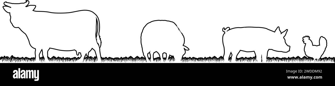 Animaux de ferme Silhouette Field scène Paysage Illustration de Vecteur