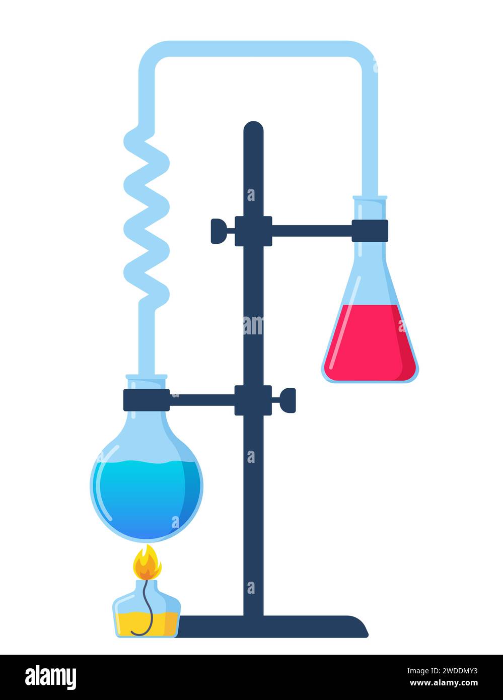 Le tube à essai est chauffé sur le feu d'une lampe à alcool, un brûleur. Chimie, expérience scientifique en laboratoire. Procédé de combustion, chauffage. Évaporation pr Illustration de Vecteur