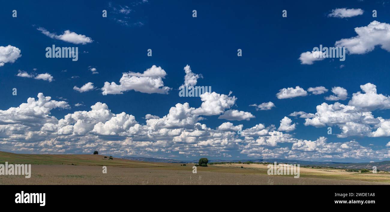 Paysage rural des champs, des collines et magnifique Skyscape avec des nuages cumulus. Banque D'Images