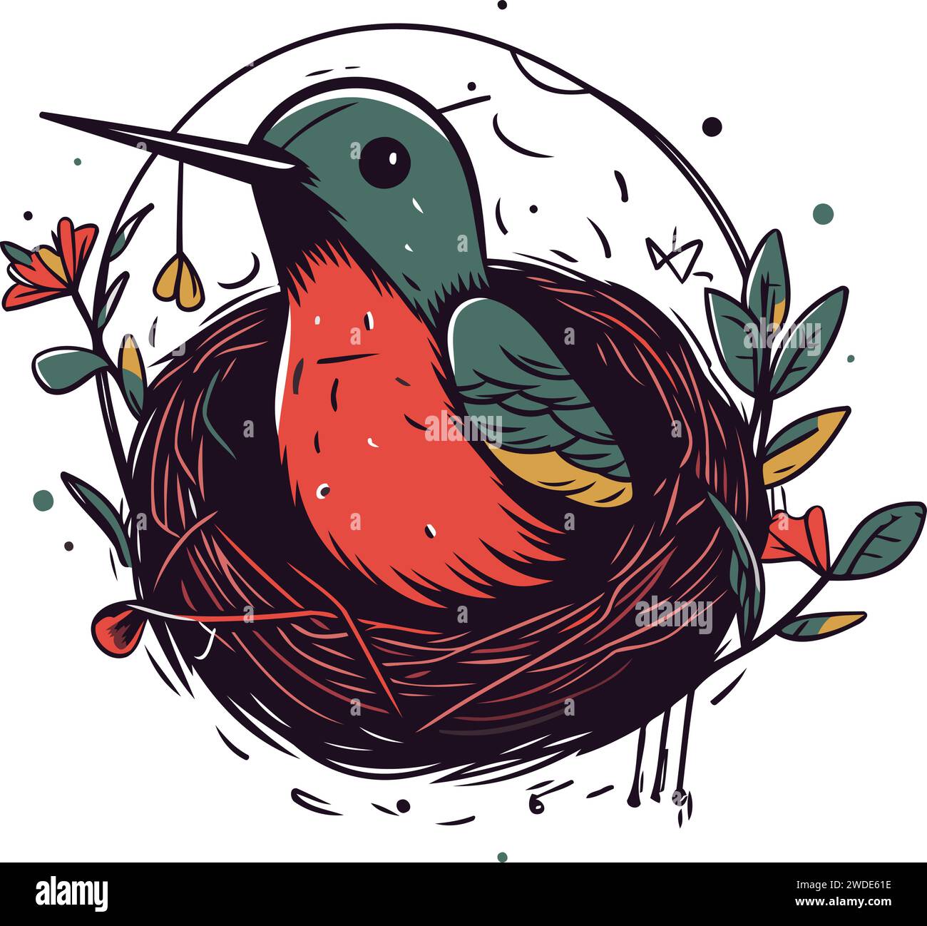 Illustration vectorielle dessinée à la main d'un colibri mignon assis dans un nid. Illustration de Vecteur