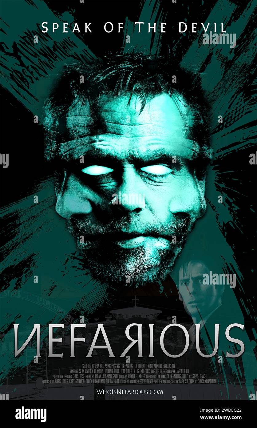 Nefarious (2023) réalisé par Chuck Konzelman et Cary Solomon et mettant en vedette Sean Patrick Flanery, Jordan Belfi et Tom Ohmer. Le jour de son exécution prévue, un tueur en série condamné reçoit une évaluation psychiatrique au cours de laquelle il prétend être un démon, et affirme en outre qu'avant la fin de leur temps, le psychiatre commettra trois meurtres de son propre chef. Affiche US une feuille ***USAGE ÉDITORIAL SEULEMENT***. Crédit : BFA / Soli DEO Gloria Releasing Banque D'Images