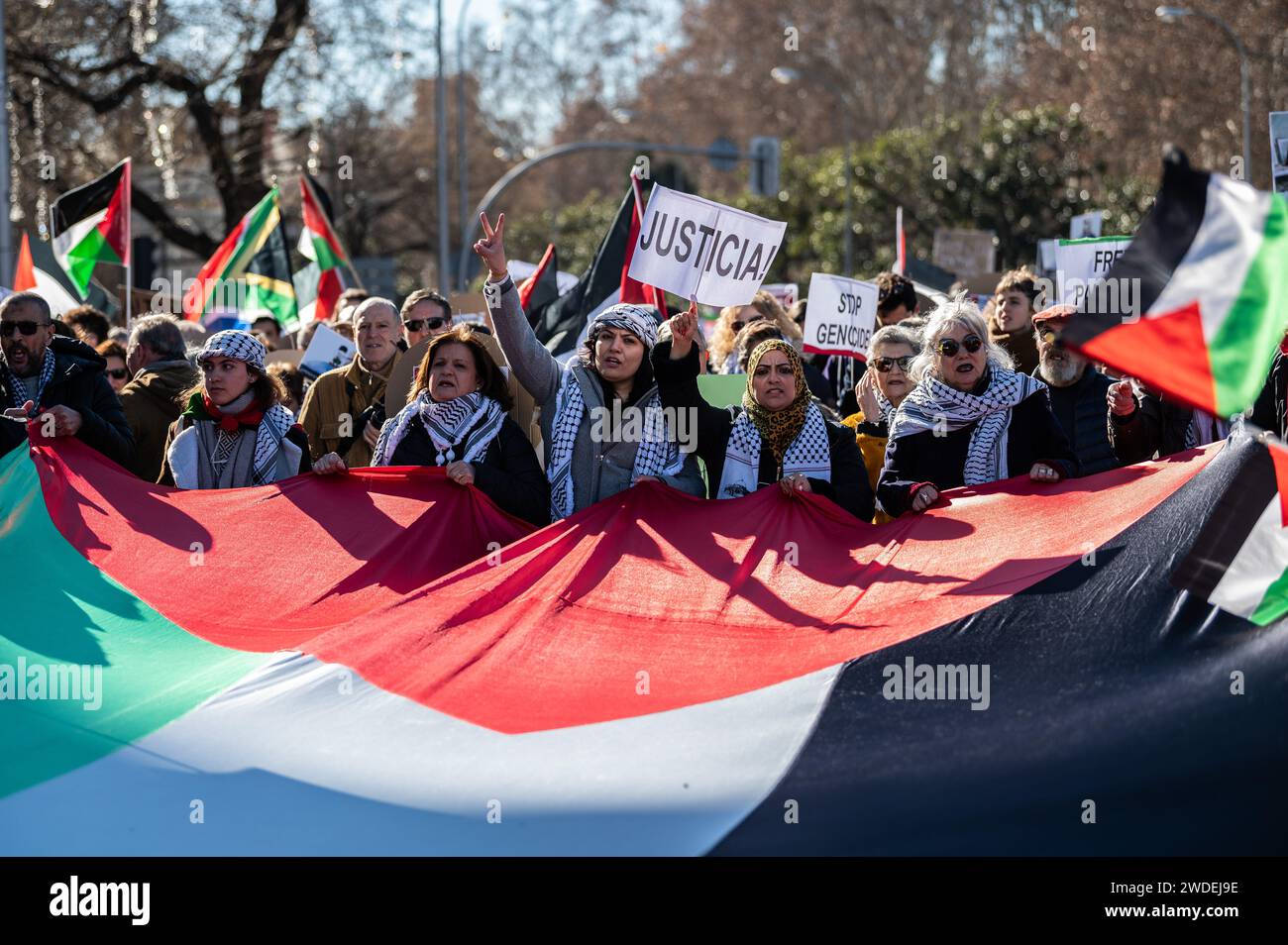 Madrid, Espagne. 20 janvier 2024. Personnes qui protestent lors d'une manifestation en faveur du peuple palestinien. Des milliers de personnes ont défilé dans le centre-ville pour exiger un cessez-le-feu à Gaza alors que les attaques israéliennes se poursuivent. Plus de 23 000 Palestiniens ont été tués dans la bande de Gaza depuis le 7 octobre 2023, à la suite des frappes aériennes et des attaques israéliennes pendant le conflit entre Israël et la Palestine. Crédit : Marcos del Mazo/Alamy Live News Banque D'Images