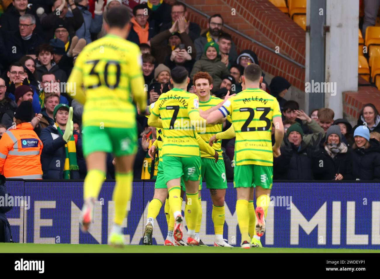 Carrow Road, Norwich, Norfolk, Royaume-Uni. 20 janvier 2024. EFL Championship football, Norwich City contre West Bromwich Albion ; Josh Sargent de Norwich City célèbre après avoir marqué 1-0 à la 13e minute Credit : action plus Sports/Alamy Live News Banque D'Images
