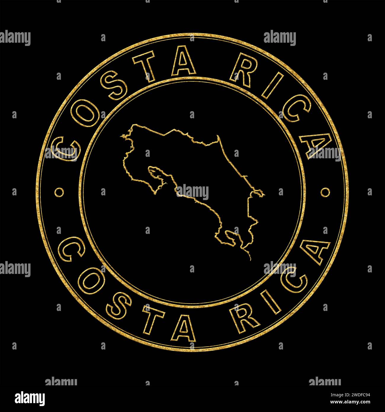 Carte du Costa Rica, Stamp d'or fond noir, chemin de détourage Banque D'Images