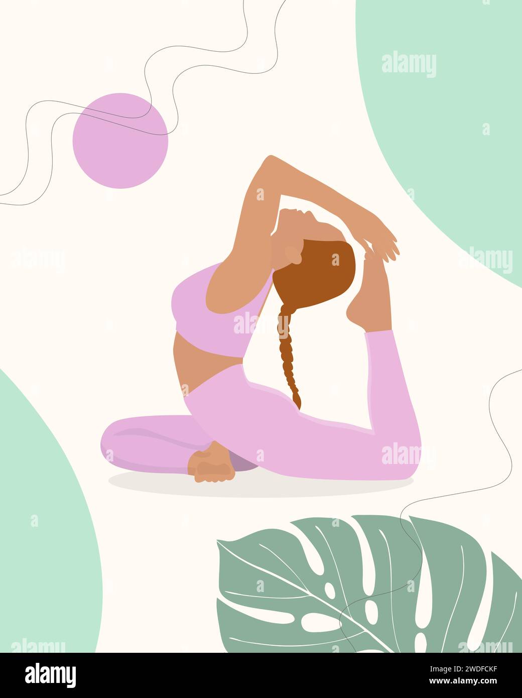 Poster yoga pose. Yoga King pigeon pose jeune femme couleur rose. Journée internationale du yoga. Illustration vectorielle Illustration de Vecteur