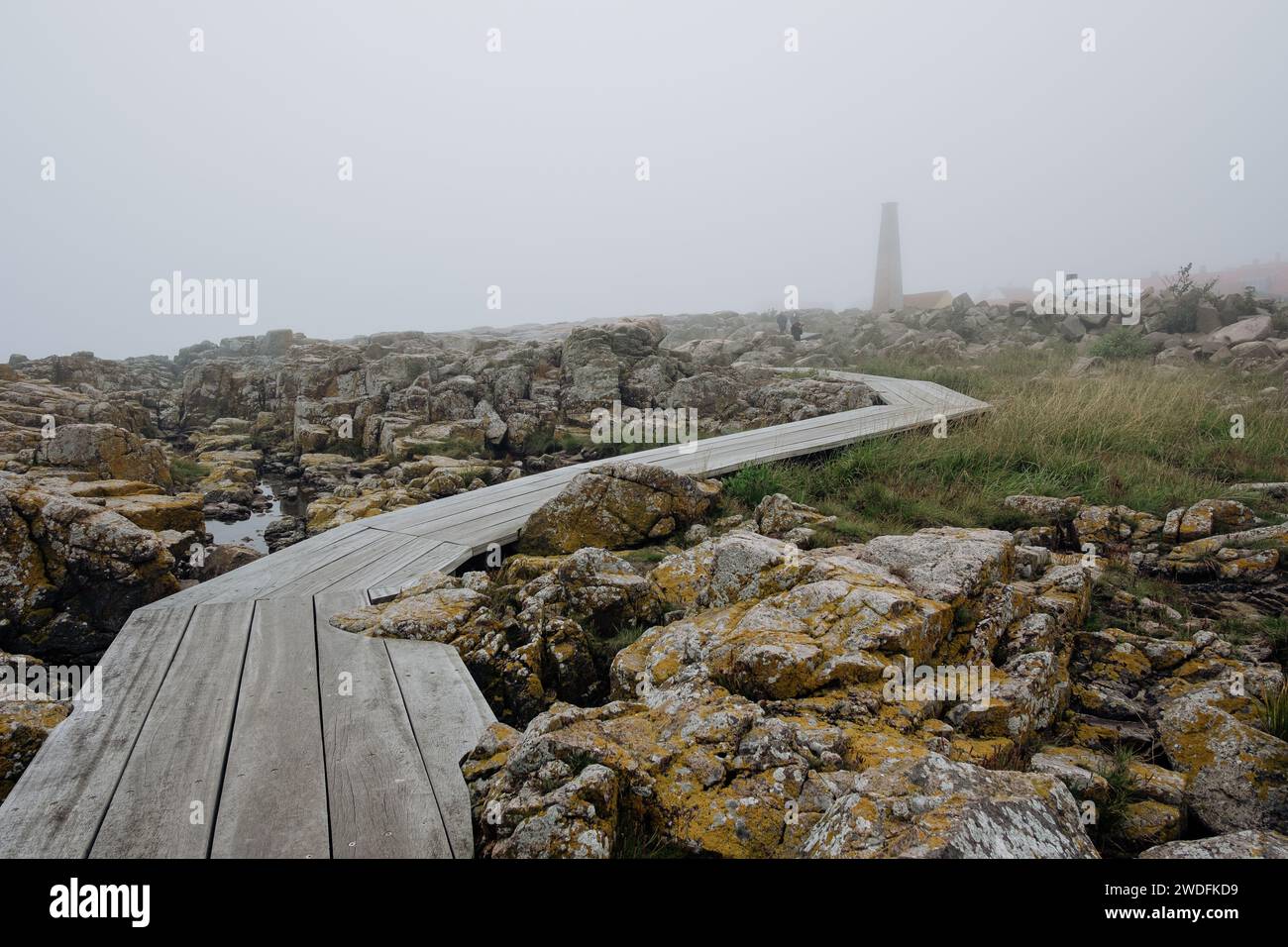 Møllenæsstien à Allinge, Bornholm. Marcher sur un chemin en bois à travers le paysage de granit près de la mer sur une journée brumeuse. Banque D'Images